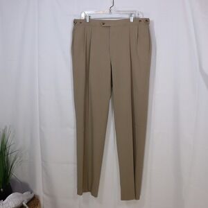 Sansabelt Pleated Dress Pants Mens 34x31 Tan Vintage Button Tab Slacks Trousers